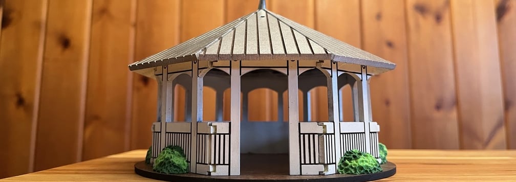 laser cut and painted wooden model of Palmerton Park gazebo