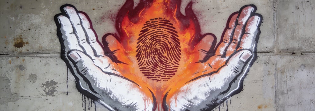 Two palms facing upwards holding a flame with a human fingerprint