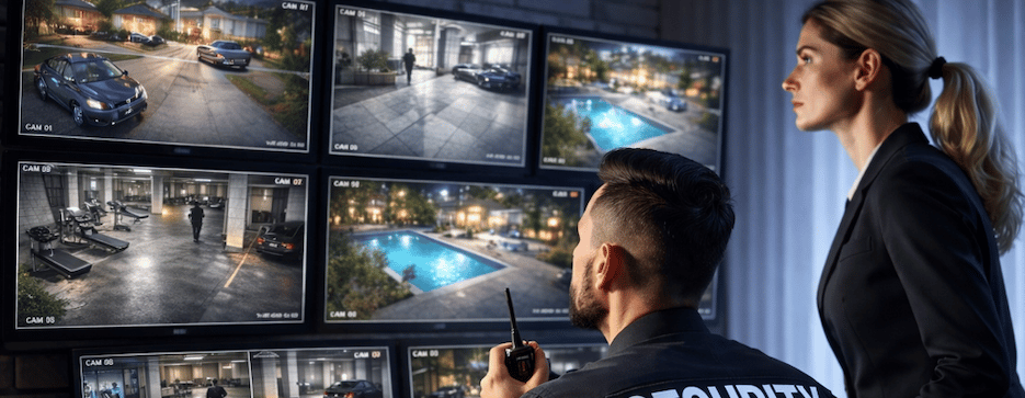 Security guards monitoring multiple surveillance camera feeds on a video wall in a control room.