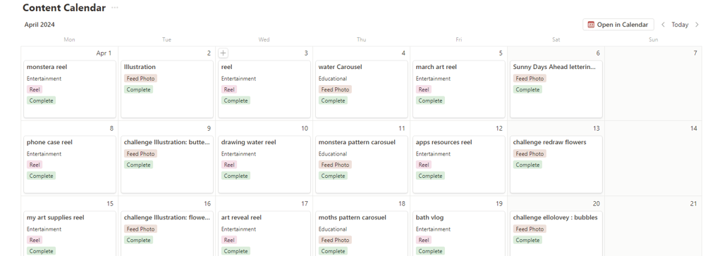 a content calendar in notion