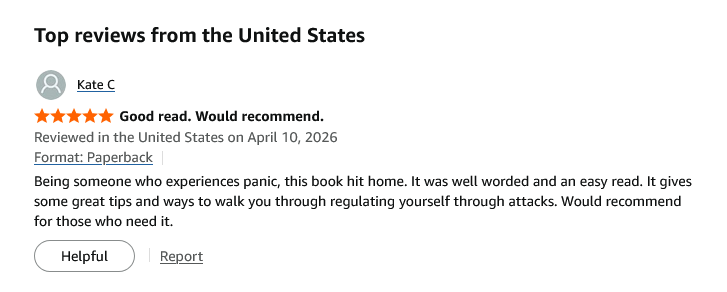 Five-star Amazon customer review for a paperback book about managing panic attacks and anxiety.