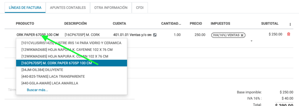 producto de la lista desplegable