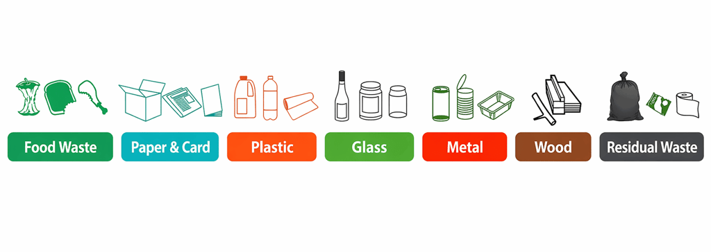 Recycling guide with icons - Food Waste, Paper & Card, Plastic, Glass, Metal, Wood, and Residual Waste