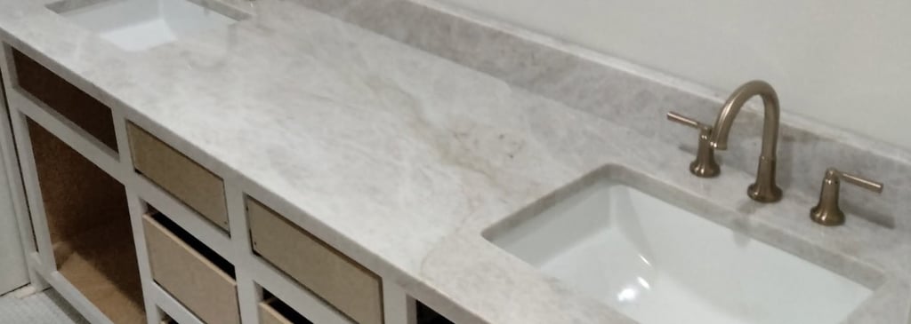 White granite double-sink bathroom countertop sealed in Upstate SC