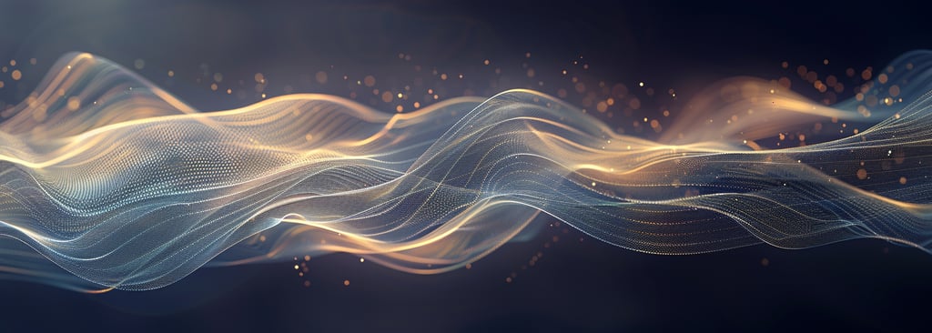 Abstract flowing layers of light and particles moving together across a dark background, representin