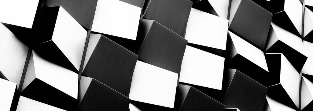 A dynamic, high-contrast abstract image featuring numerous black and white cubes.