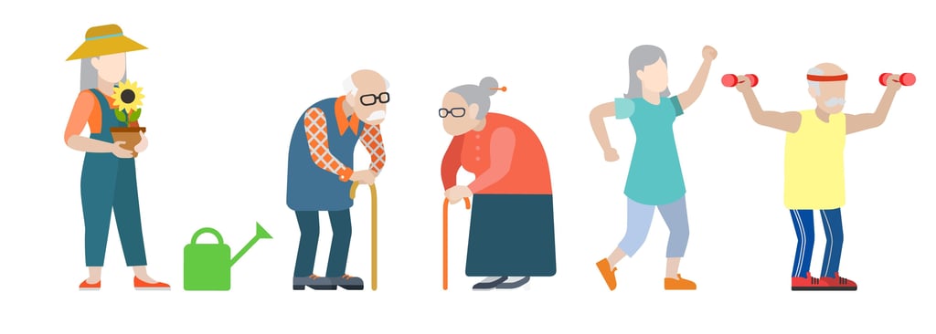 Diverse group of active seniors gardening, walking, and exercising for healthy aging.
