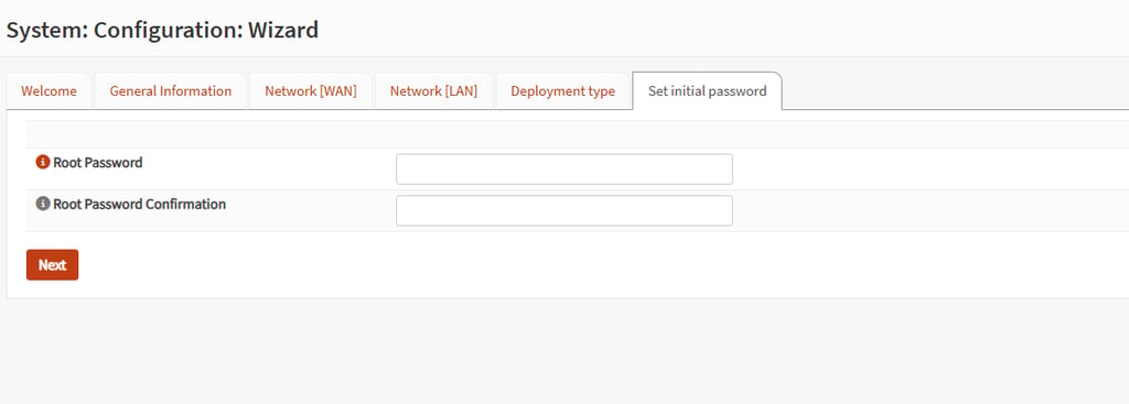 Interface web do OPNsense solicitando alteração senha do root durante o wizard inicial