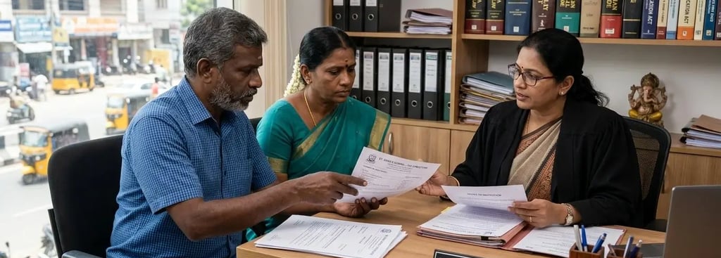 A couple consults with female lawyer Adv Meenakshi Raman in her office with law books.