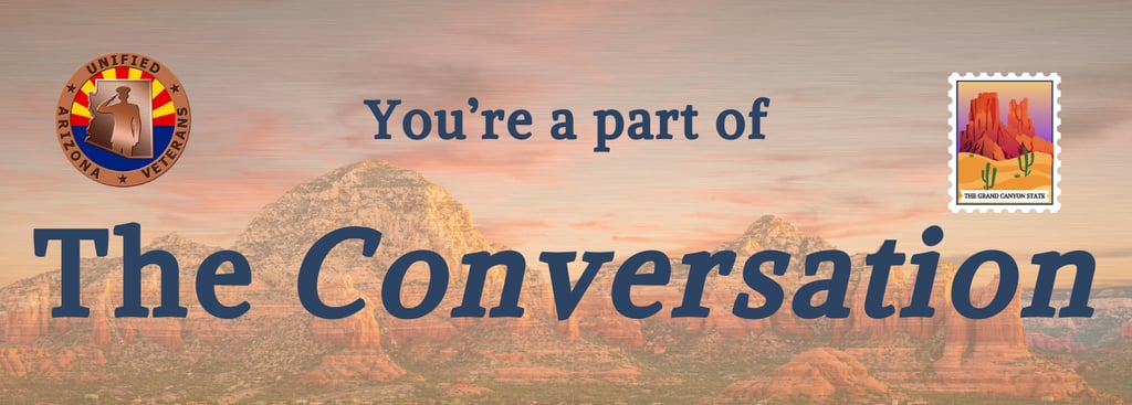 Image of a desert mountain rage, with blue text reading: You're a part of the conversation. On the right side is the UAV Logo