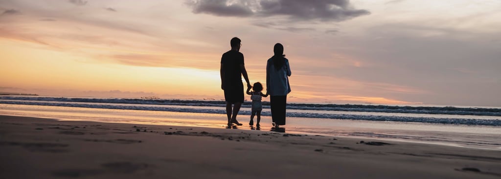 family walking at sunset during photography session at Kuta Beach Bali