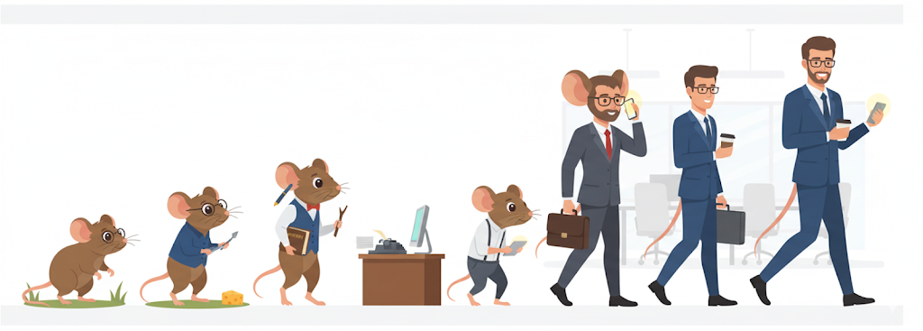 Evolution of mouse to human businessman, illustrating 'From Rat to Human' social theory