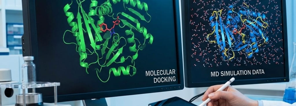 Bioinformatics in-silico molecular docking and molecular simulation analysis displayed on a computer