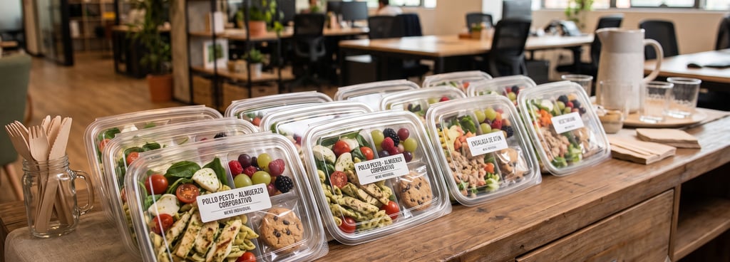 Cajas de comidas frescas para catering corporativo con pasta de pollo a la parrilla y ensalada.