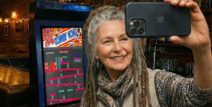 a Ashland lady taking a selfie showing their Donkey Kong High Score.
