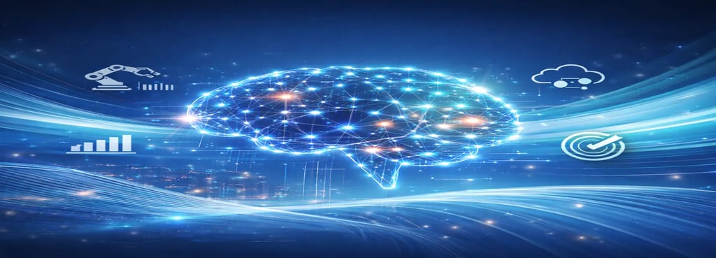 A modern, professional AI-centric visual conveys intelligence, automation, digital transformation