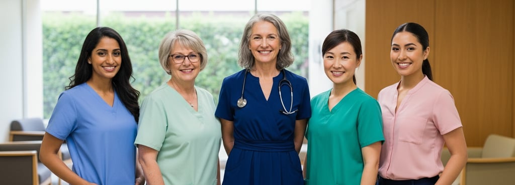 A smiling and confident group of female doctors, GPs and menopause healthcare specialists