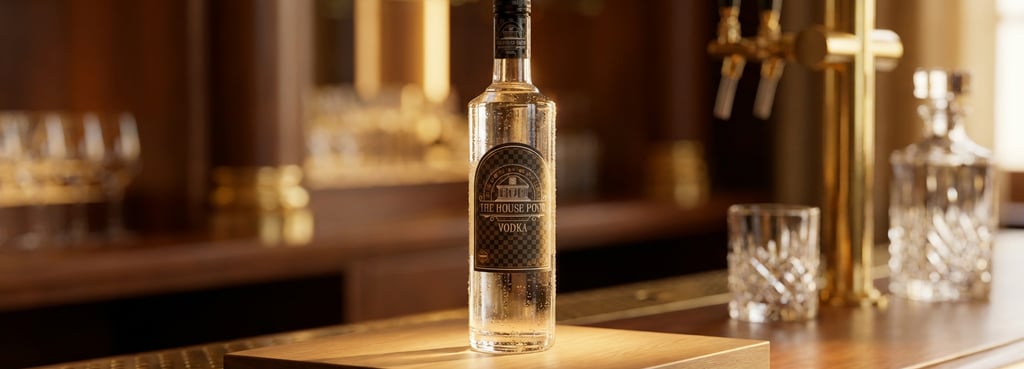 Een gekoelde fles The House Pour premium wodka op een luxe houten barblad met sfeervolle verlichting