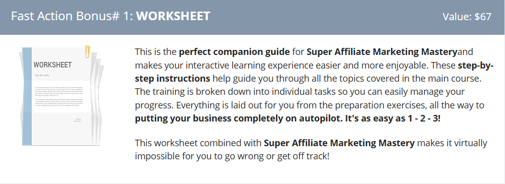 Worksheet image as a bonus for purchasing super affiliate marketing mastery