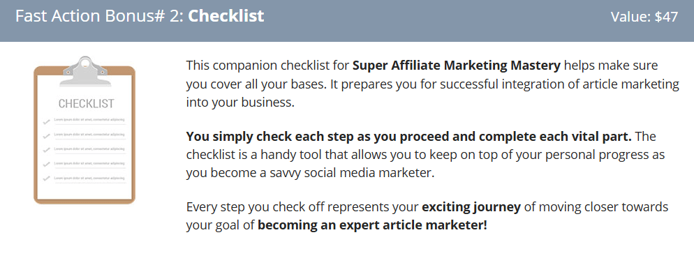 a checklist  as a bonus for purchasing super affiliate marketing mastery