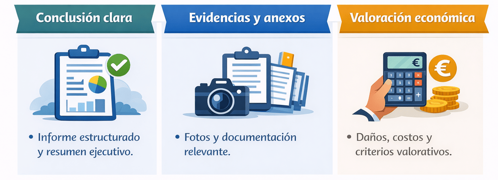 Infografía de peritaje con conclusión clara, evidencias, fotos y valoración económica de daños.
