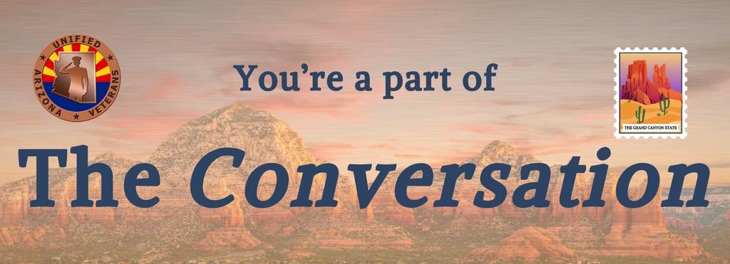 Image of a desert mountain rage, with blue text reading: You're a part of the conversation. On the right side is the UAV Logo