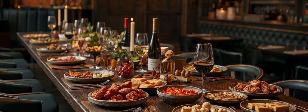 A long wooden dining table set with various gourmet appetizers, wine bottles, and glasses in a dimly lit restaurant.