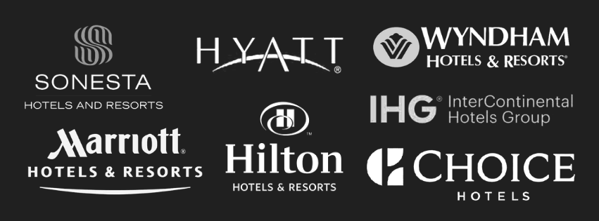 Logos for major hotel chains including Marriott, Hilton, Hyatt, Wyndham, Sonesta, IHG, and Choice Hotels.