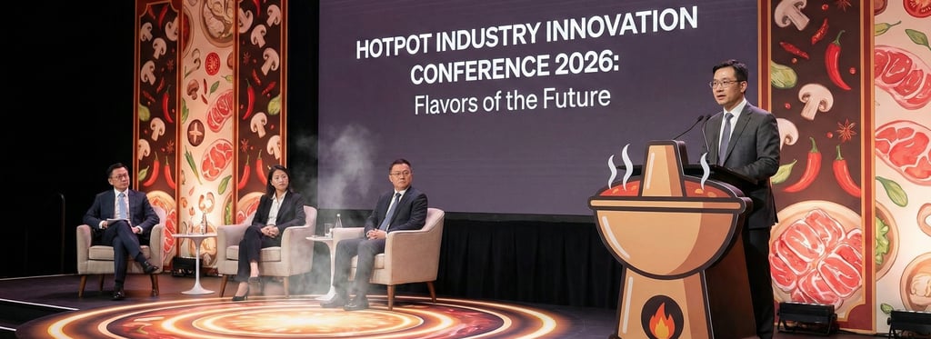 Modern hotpot conference stage featuring industry speakers and a large digital screen showcasing innovative food tech.