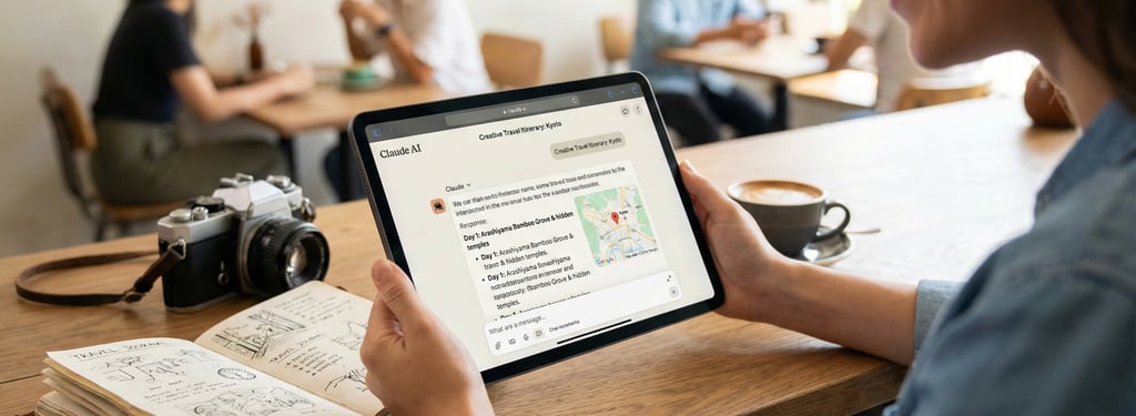 AI travel planning for Kyoto on a tablet with a travel journal and vintage camera in a cafe.