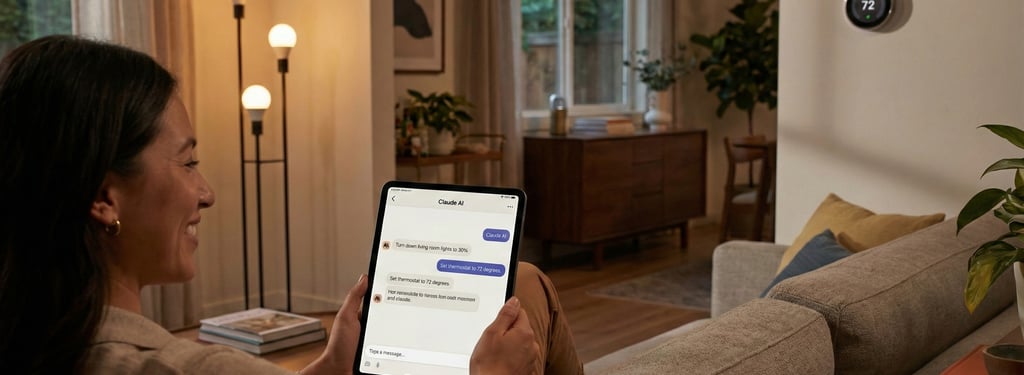 Woman using an AI tablet to control smart home devices, including lighting and a smart thermostat, in cozy modern living room