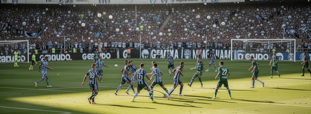 Partida de futebol do Brasileirão em estádio lotado com torcida ao fundo e jogadores em campo. Cobertura Futebol no Mundo.