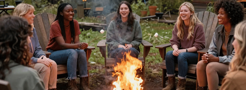 A circle of women around a glowing bonfire under tall trees at dusk, crafting and laughing together.