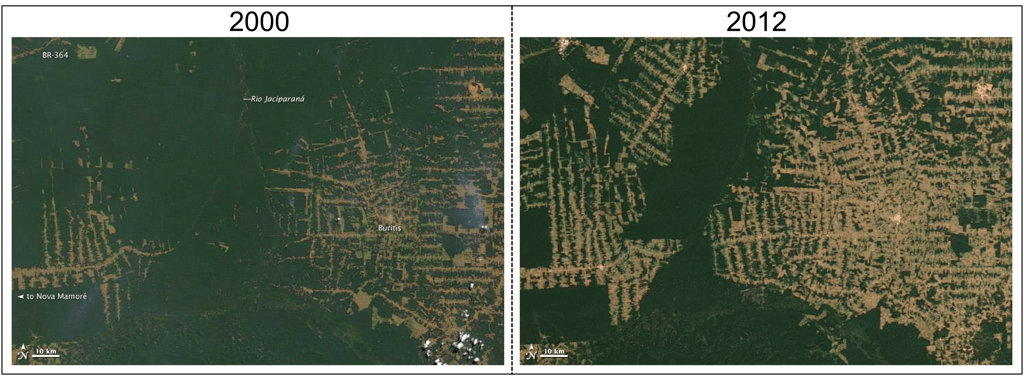 Satellite photos of the Amazon rainforest (Rondônia, Brazil) in 2000 and 2012