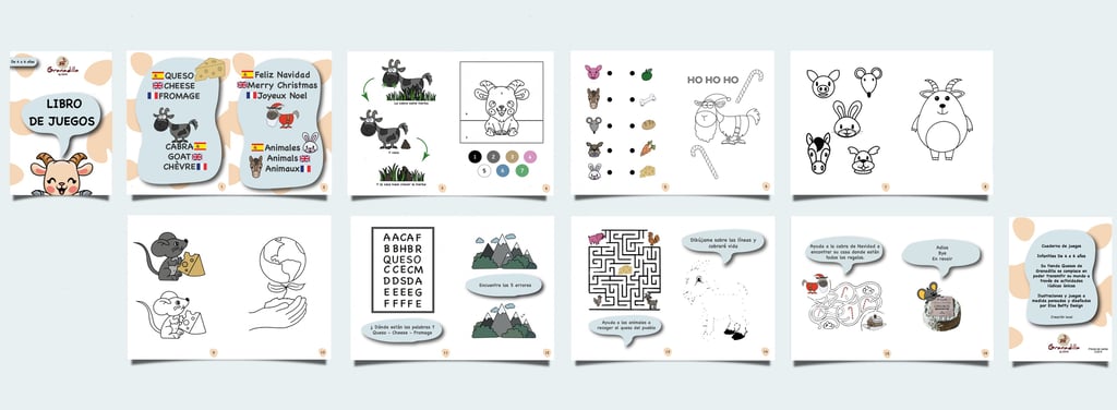 Spanish, English, and French bilingual children's activity book pages with animal coloring and puzzles.