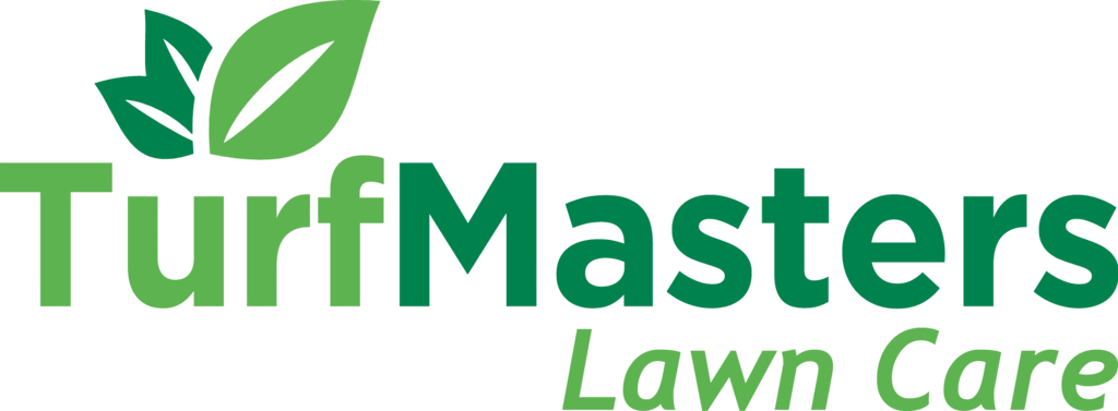 TurfMasters Lawn Care logo featuring green text and three stylized leaves for professional landscaping services.