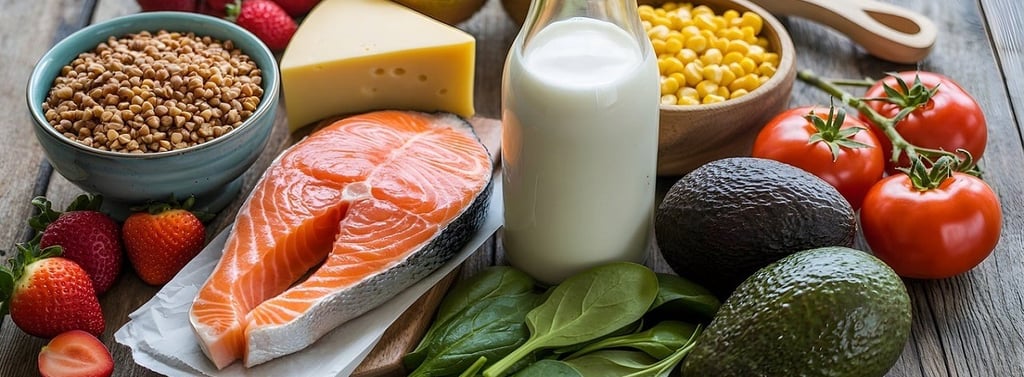 Salmon, milk in the bottle, avocados, and tomatoes