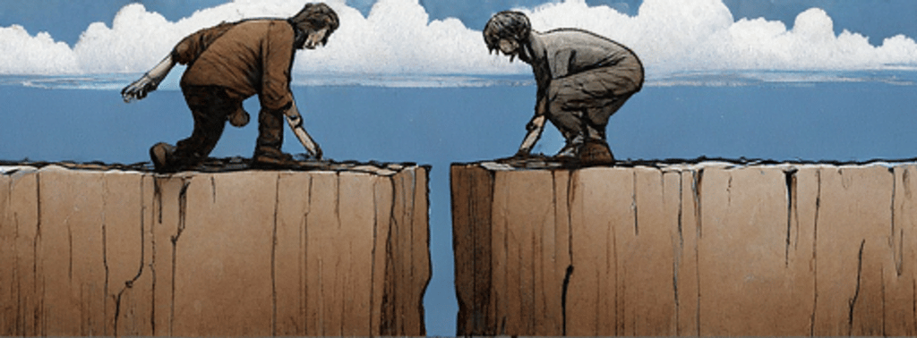 Two people looking at each other over a large crack in the earth.