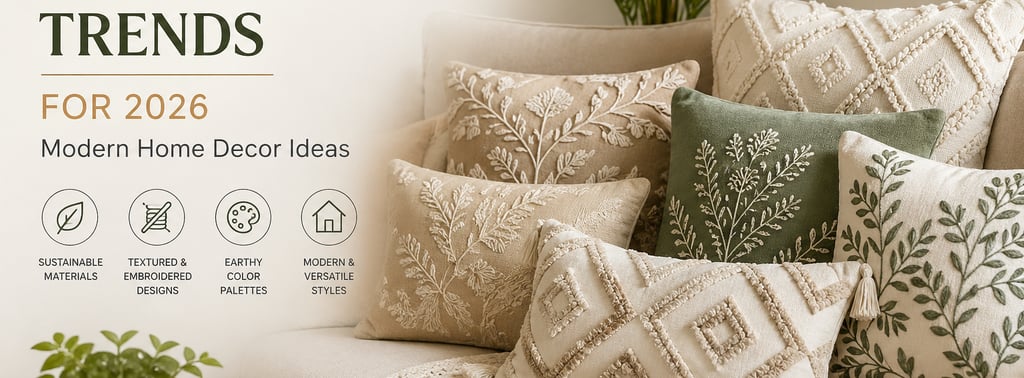 modern cushion cover trends 2026 with embroidered and neutral designs for living room decor