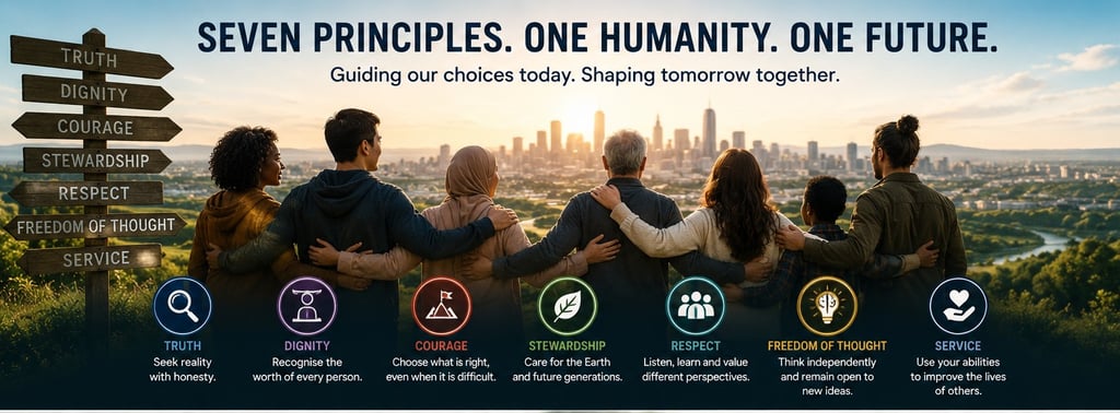 Diverse group of people hugging and overlooking a city skyline with text outlining seven guiding principles for humanity.