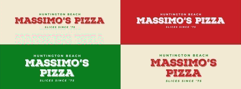 Massimo’s Pizza rebrand logos in red, green, and beige color variations.