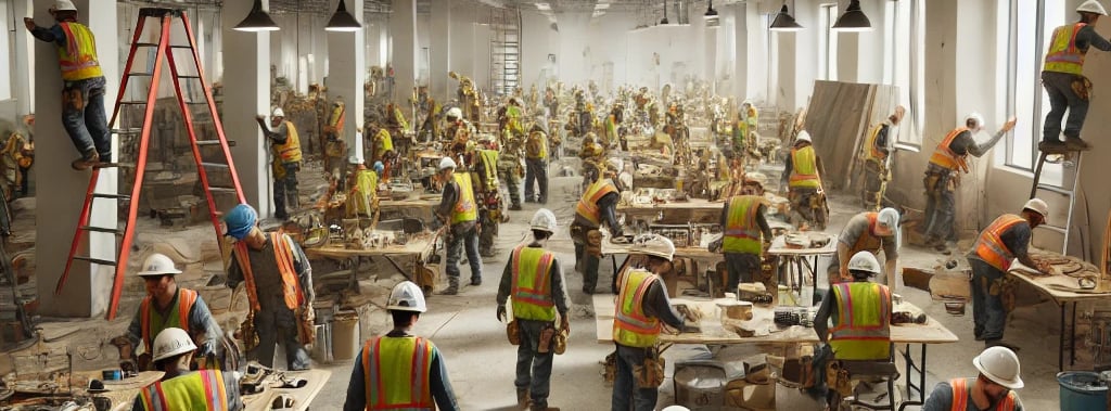 Une multitude d'ouvriers travaillent sur un chantier de bureaux