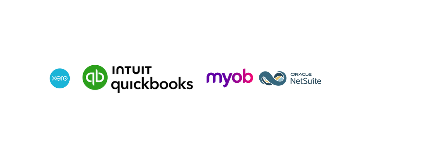 Logos for Xero, Intuit QuickBooks, MYOB, and Oracle NetSuite.