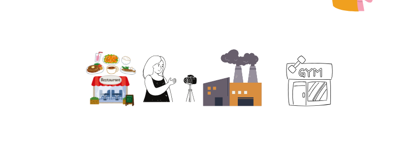 "Icons of restaurant, presenter, camera, factory, and gym."