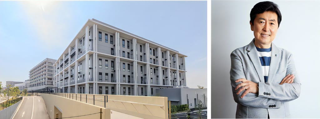 おおさかメディカルキャンパス4号館（教育棟）（左）と特別講演に登壇する笠井信輔氏（右）｜堺市のニュースならサカイタイムズ