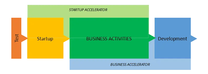 Flowchart depicting the stages of business development: Test, Startup, Business Activities (supported by Startup Accelerator)