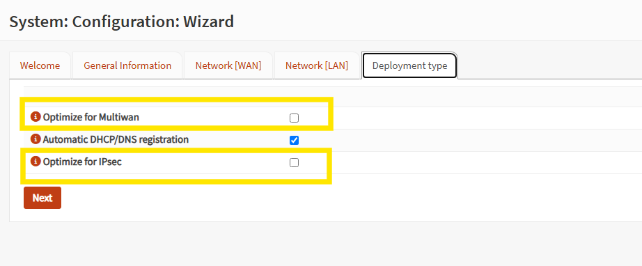 Interface web do OPNsense mostrando a opção Optimize for Multiwan desmarcada durante o wizard inicia