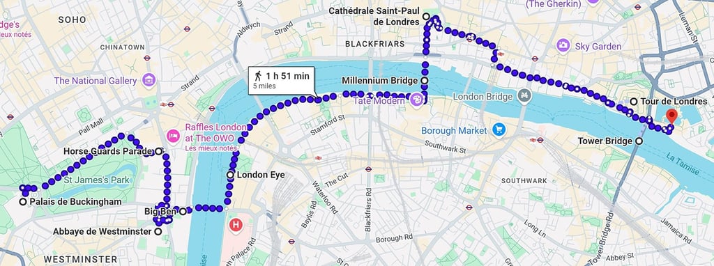 Carte de Londres avec itinéraire pour découvrir les monuments les plus emblématiques
