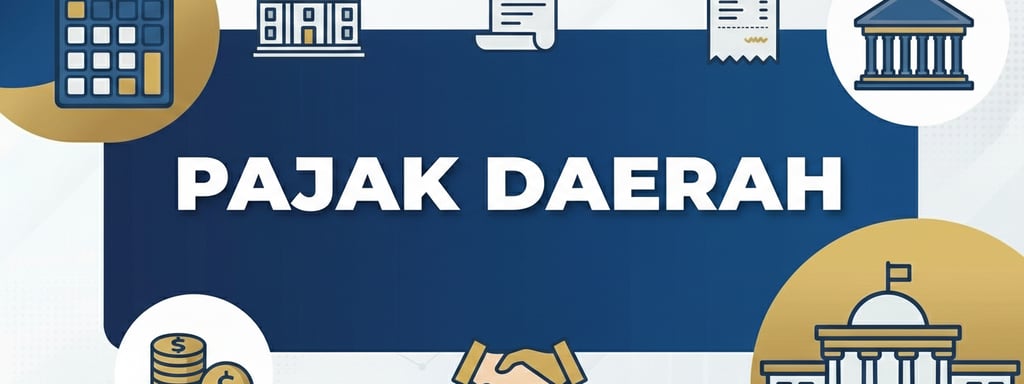 Pajak Daerah text banner featuring financial icons, government building symbols, and a calculator for regional tax themes