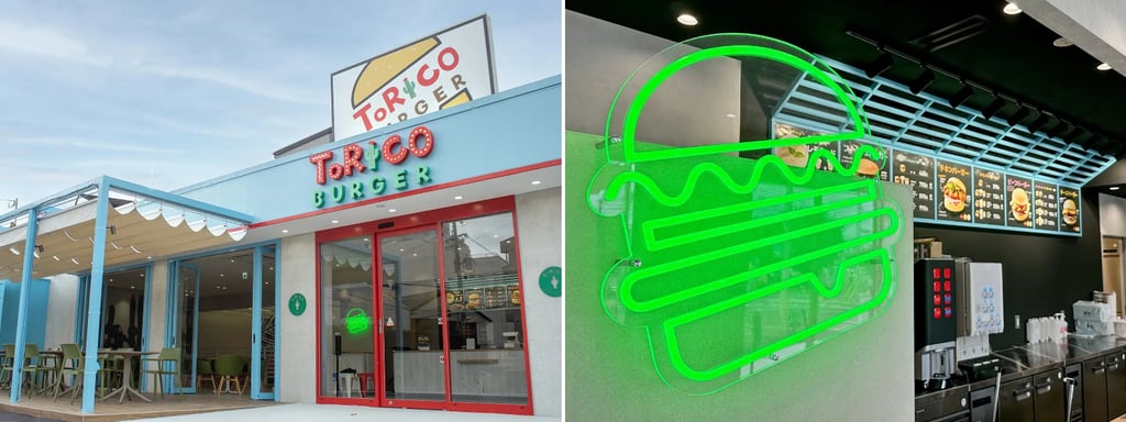 トリコバーガー北野田店の外観と店内カウンター、明るい青色の建物とネオンサイン、メニューが並ぶ店内の様子｜堺市のニュースならサカイタイムズ
